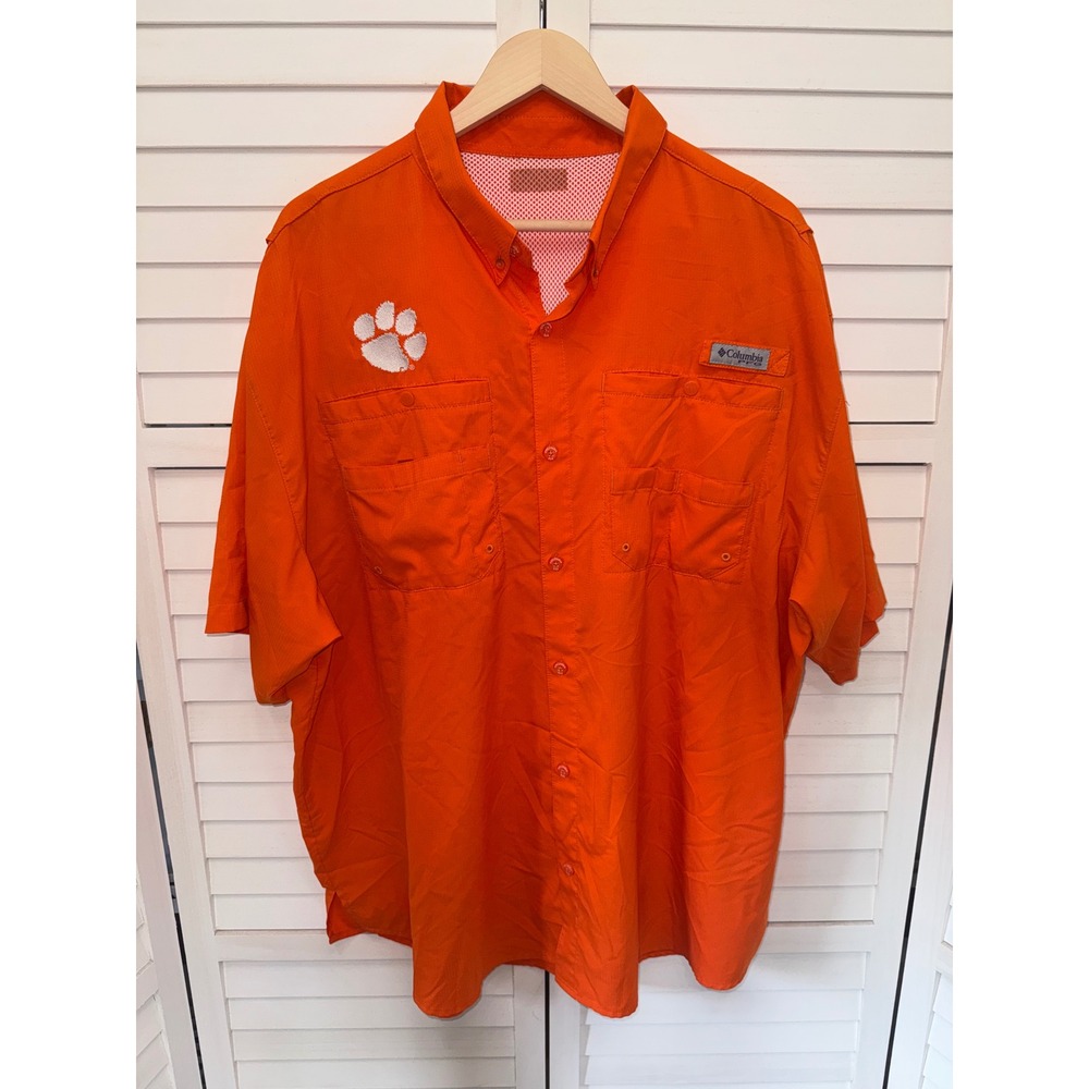 Columbia PFG Fishing Shirt Mens Orange Clemson Tigers Short Sleeve 2XL
